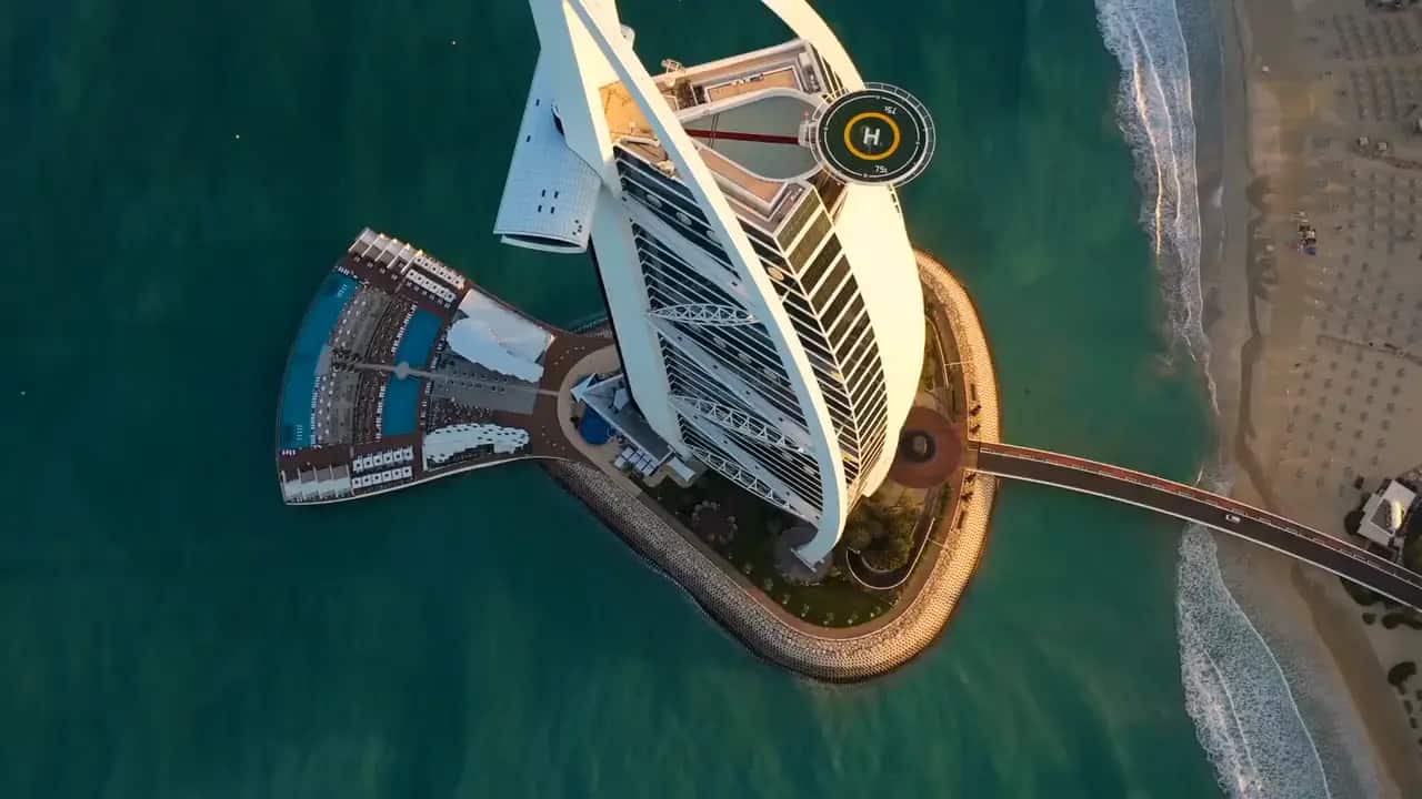 Aerial view of the sail-shaped Burj Al Arab hotel on the Dubai coastline